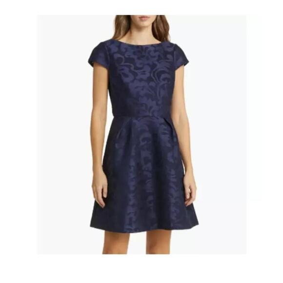 NWT Eliza J Metallic Floral Jacquard Fit & Flare Mini Dress Blue Size 10 - Picture 1 of 8